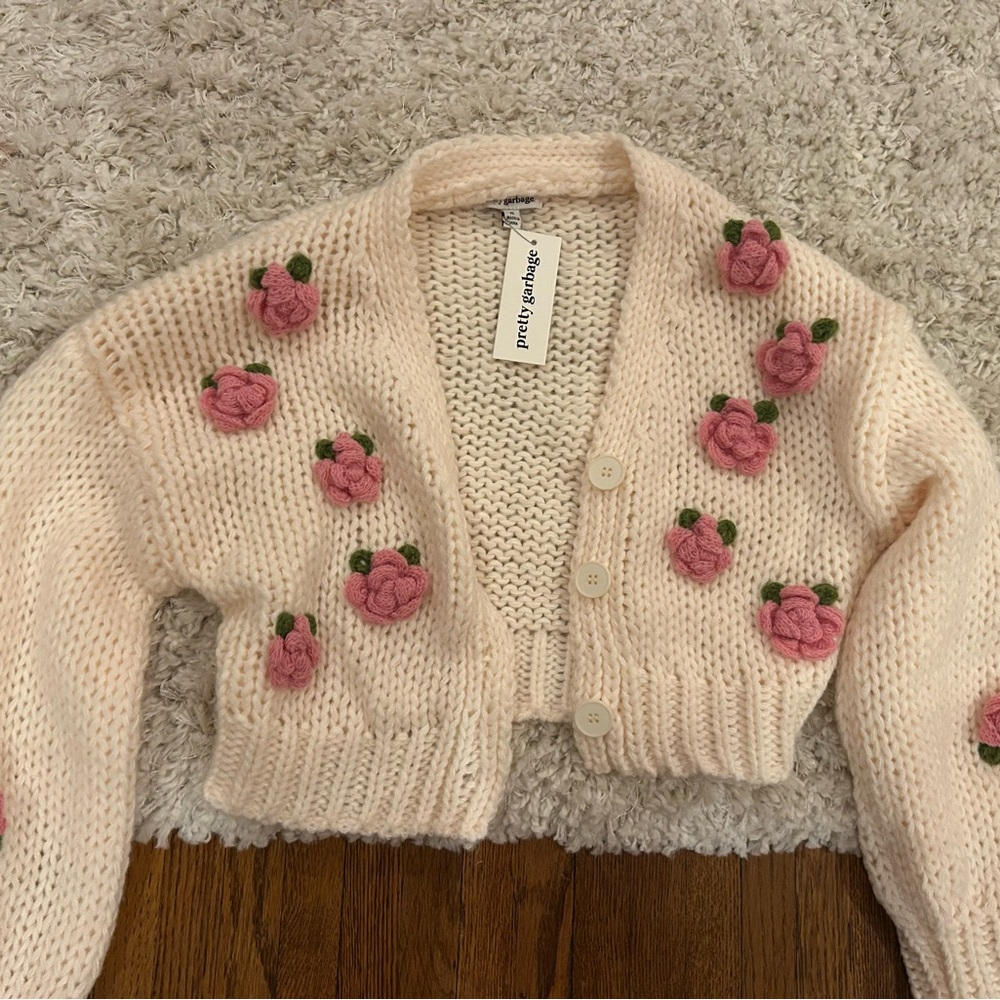 Cream Cardigan with Pink Floral Accents
